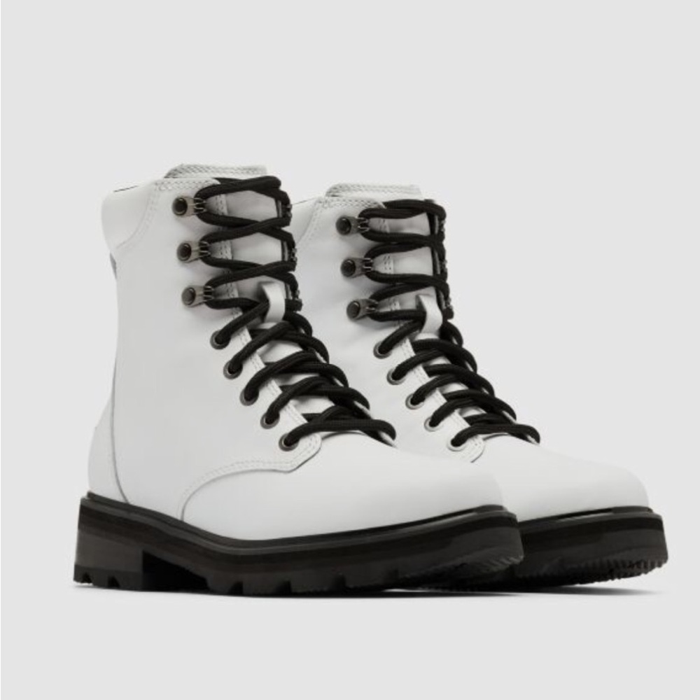 Sorel Lennox Lace STKD white leather Combat Boots size 8.5